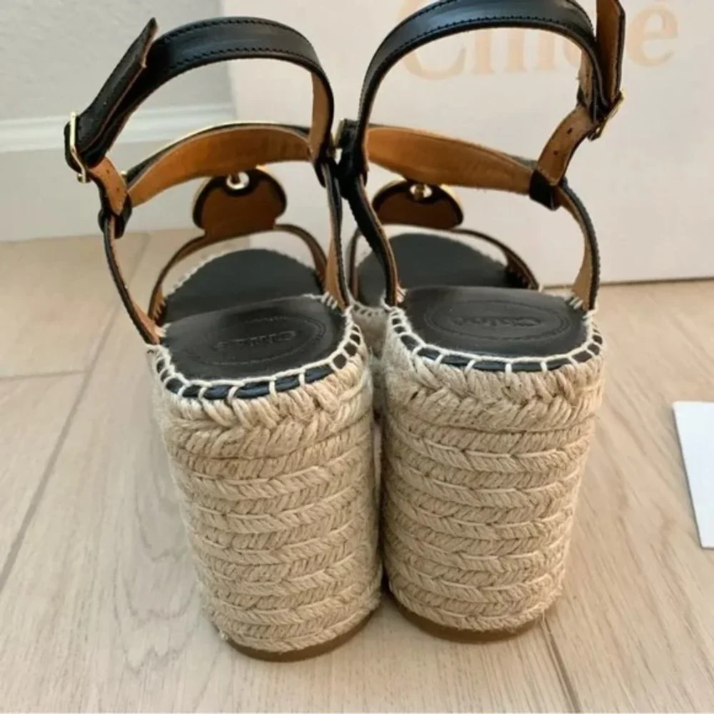 🌟 CHLOE Pema Black Leather Gold Medallion Espadrille Heeled Platform Sandals